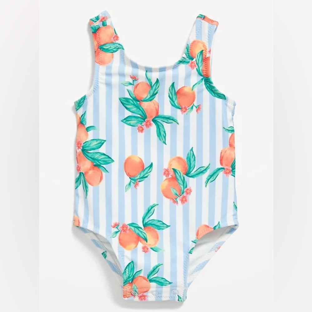 🌸 Old Navy Baby Girl Blue Striped Swimsuit Bow Peach Size 6-12 Months